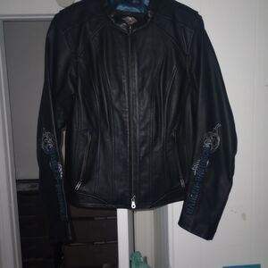 Harley-Davidson Women's Black Leather Jacket with Blue Embroidery